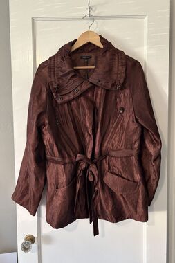 Samuel Dong Metallic Brown Crinkle Jacket Large L Lagenlook Funnel Art To Wear